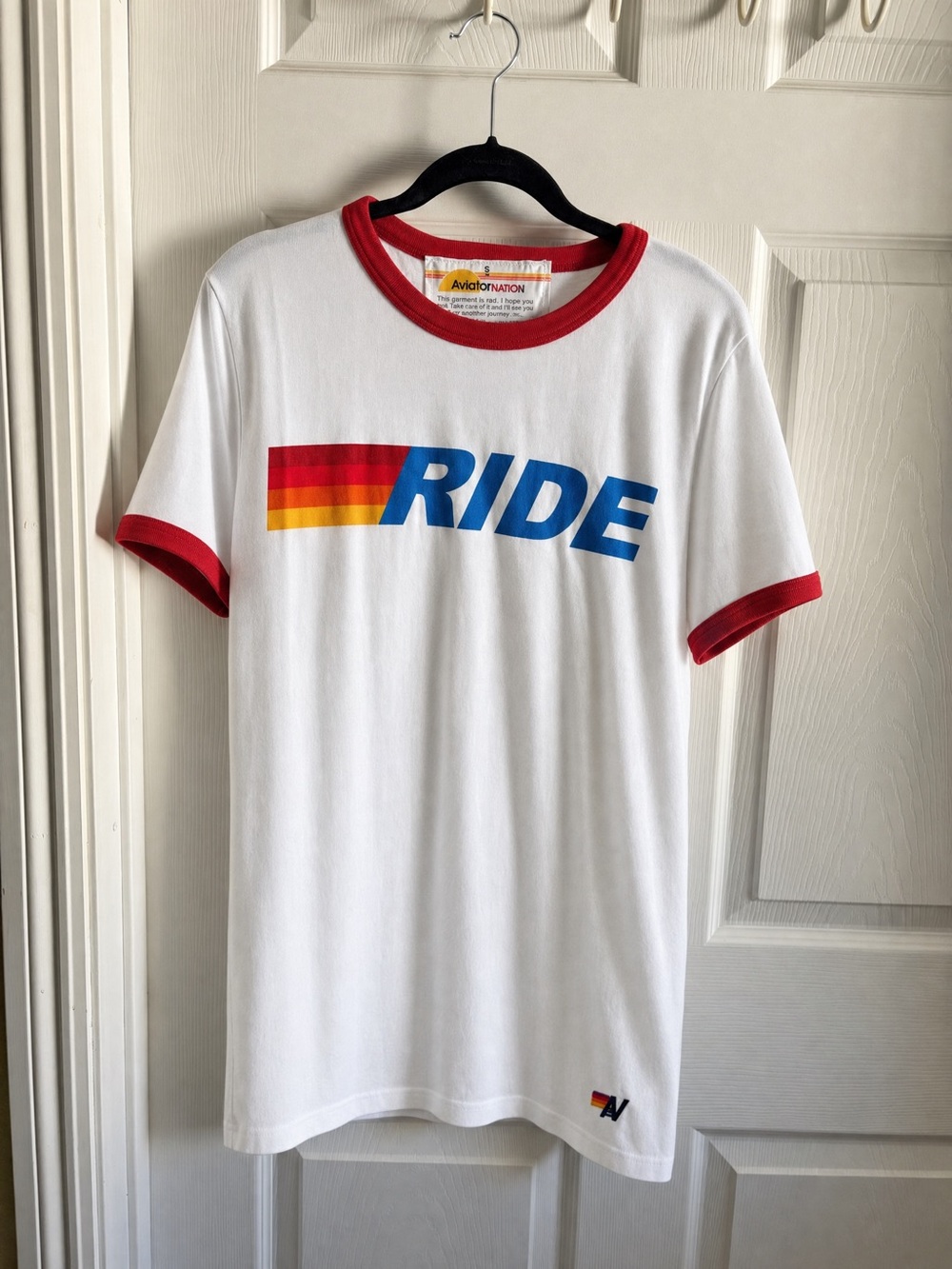 🌈 NWT Aviator Nation Retro 'RIDE' Graphic Ringer Tee - Picture 4 of 4